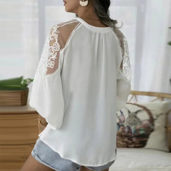 NEW Boho Embroidered Sheer Bishop Sleeve Gypsy Top Off White - Picture 8 of 10